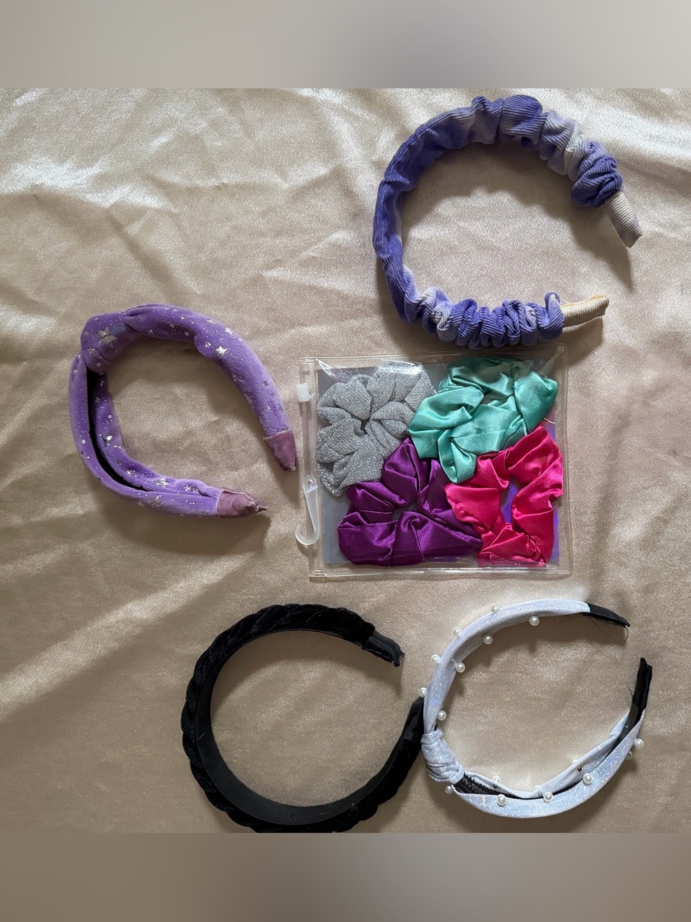 Girl’s Hair Accessory Bundle with 4 Headbands and 4 Assorted Satin Scrunchies